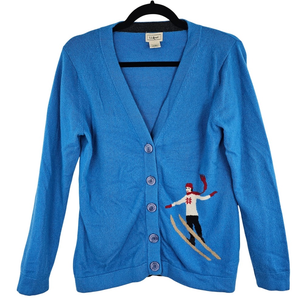 L.L.Bean Blue‎ Cashmere Skiing Snowboarder V-Neck Button Cardigan Sweater M
